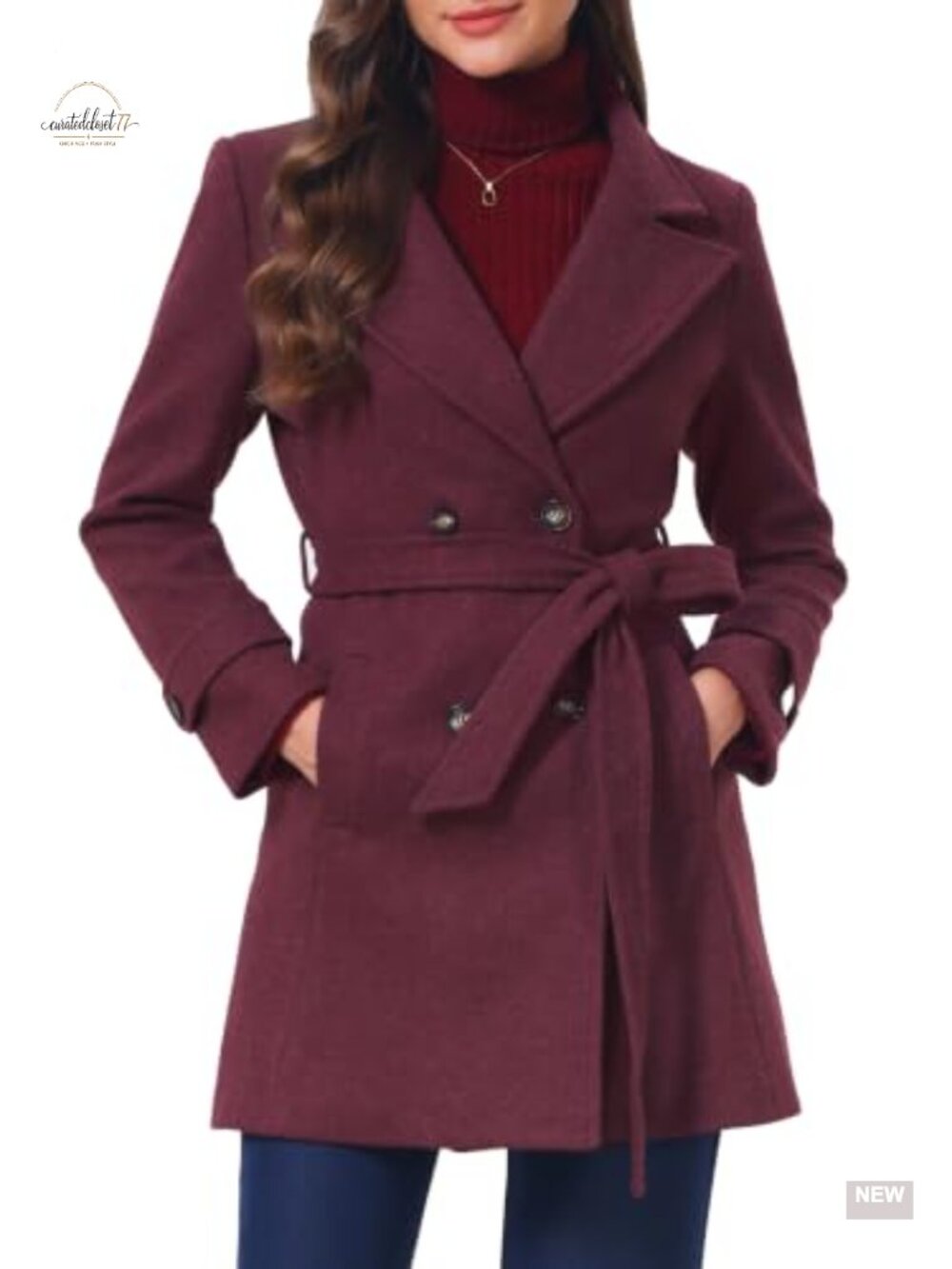 Women's Pea Coat Belted Notch Lapel Double Breasted Winter Trench Coat